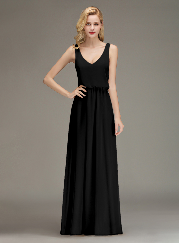 A-line Straps Ruched Chiffon Floor-Length Dress-koscy