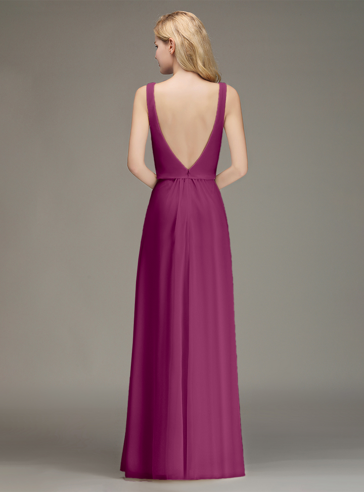 A-line Straps Ruched Chiffon Floor-Length Dress-koscy