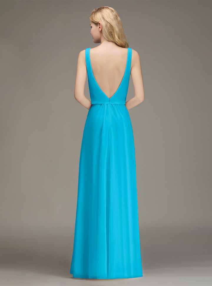 A-line Straps Ruched Chiffon Floor-Length Dress-koscy