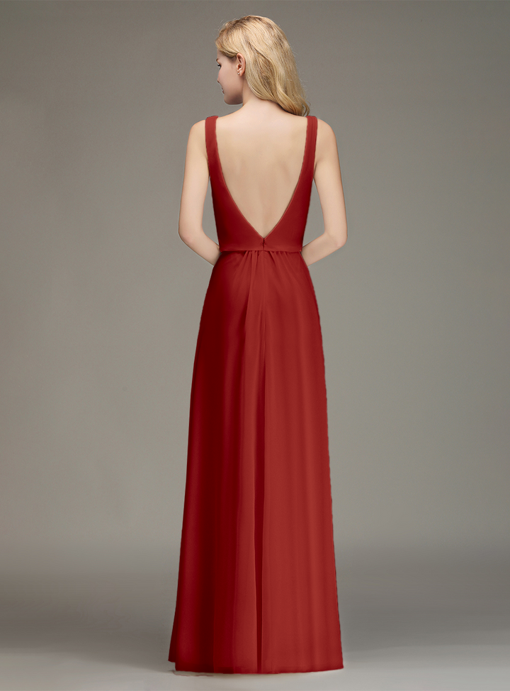 A-line Straps Ruched Chiffon Floor-Length Dress-koscy