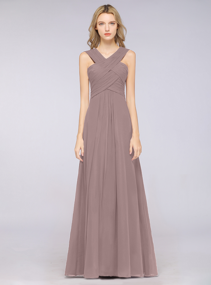 A-line Straps Ruched Chiffon Floor-Length Dress Burgundy-koscy