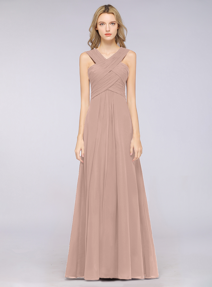 A-line Straps Ruched Chiffon Floor-Length Dress Burgundy-koscy