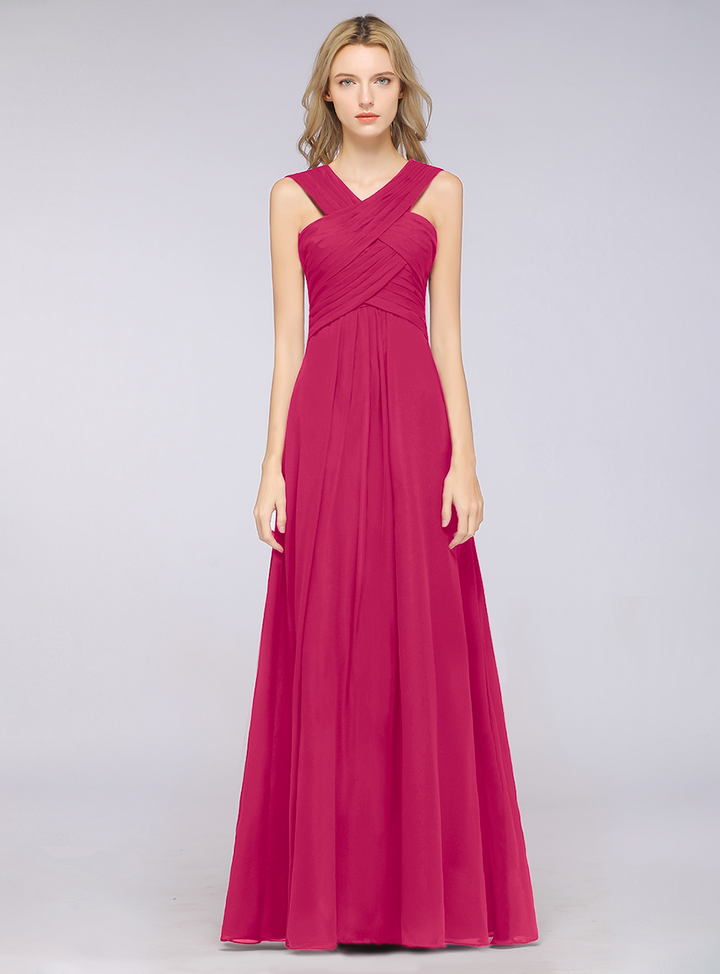 A-line Straps Ruched Chiffon Floor-Length Dress Burgundy-koscy