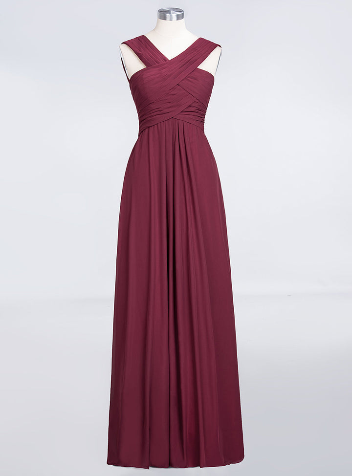 A-line Straps Ruched Chiffon Floor-Length Dress Burgundy-koscy