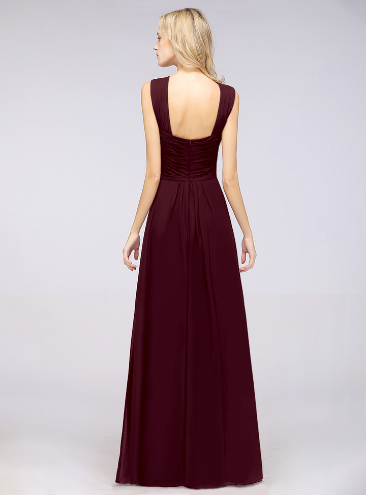 A-line Straps Ruched Chiffon Floor-Length Dress Burgundy-koscy