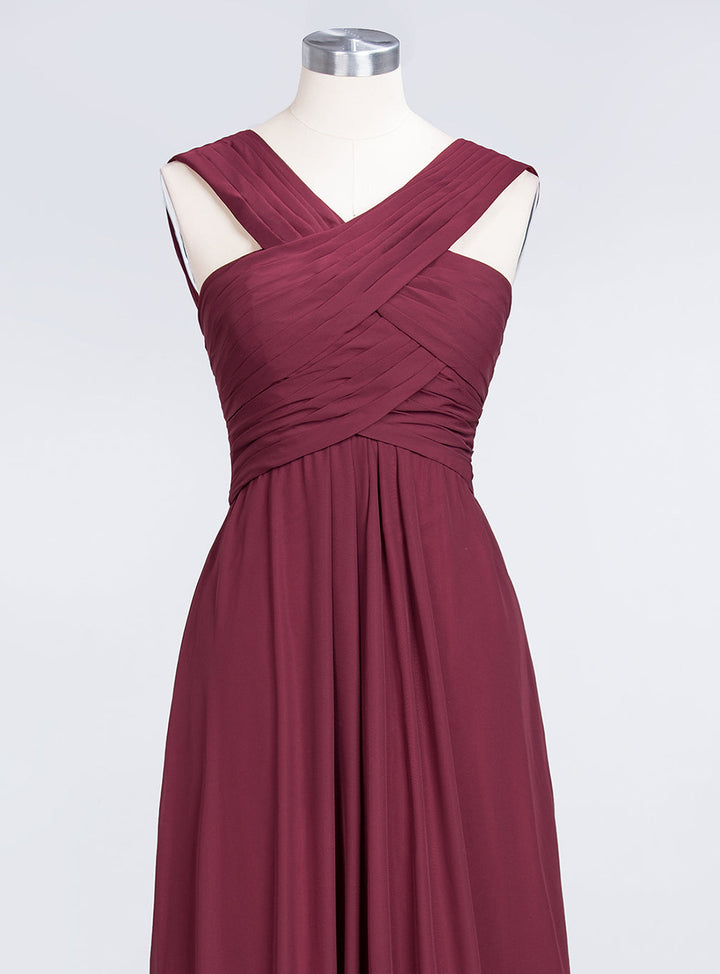 A-line Straps Ruched Chiffon Floor-Length Dress Burgundy-koscy