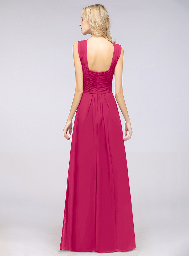 A-line Straps Ruched Chiffon Floor-Length Dress Burgundy-koscy