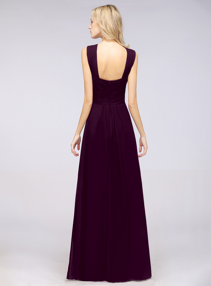 A-line Straps Ruched Chiffon Floor-Length Dress Burgundy-koscy