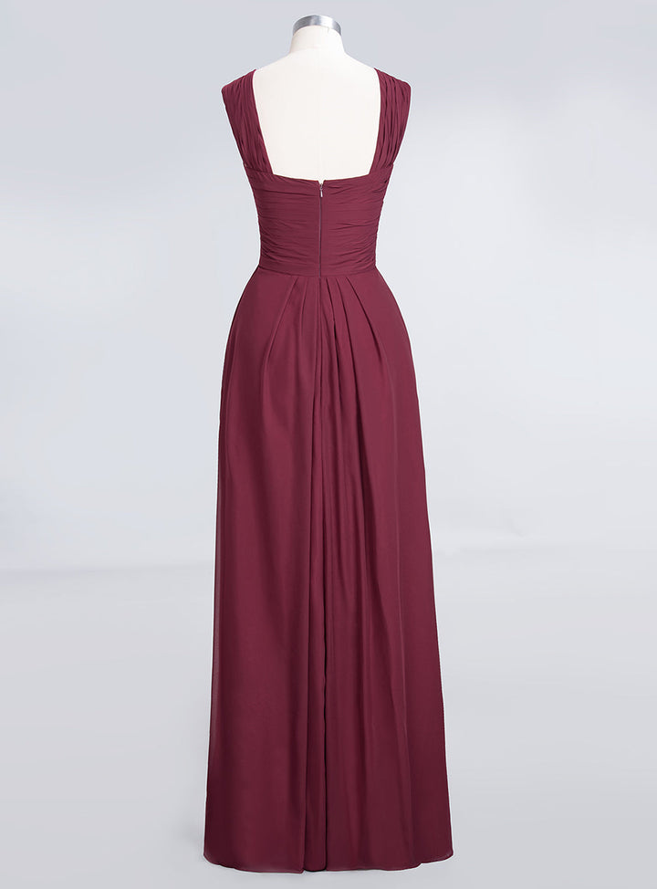 A-line Straps Ruched Chiffon Floor-Length Dress Burgundy-koscy