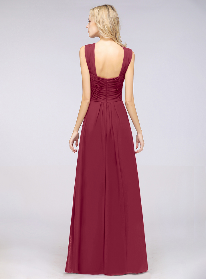 A-line Straps Ruched Chiffon Floor-Length Dress Burgundy-koscy