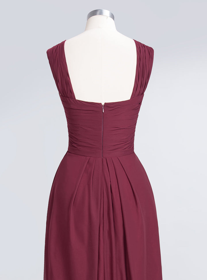 A-line Straps Ruched Chiffon Floor-Length Dress Burgundy-koscy