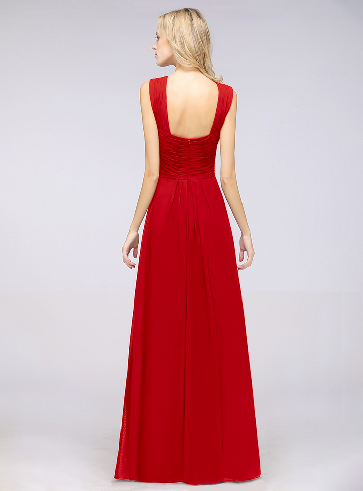 A-line Straps Ruched Chiffon Floor-Length Dress Burgundy-koscy