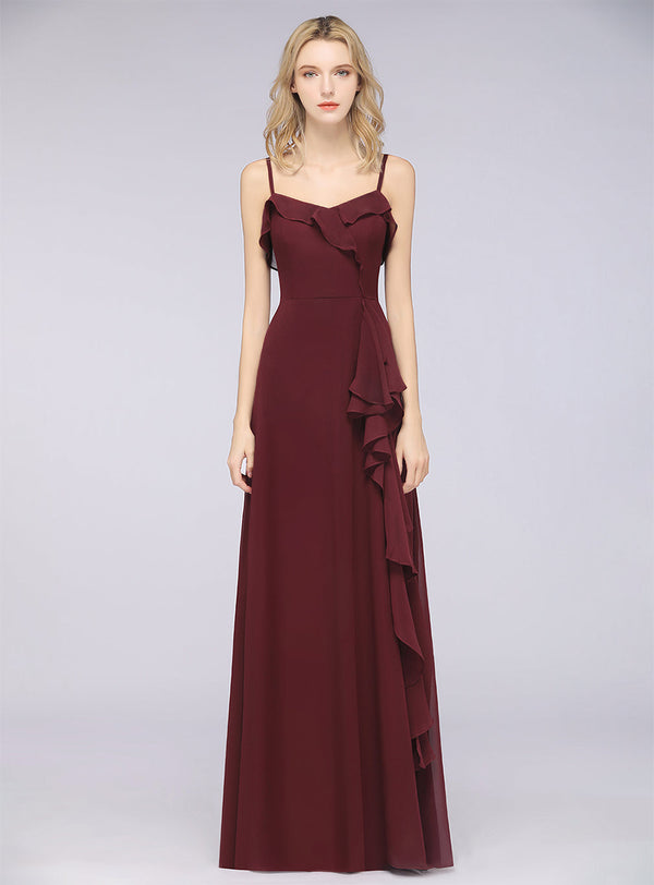 A-line Straps Ruffle Chiffon Floor-Length Dress Burgundy-koscy