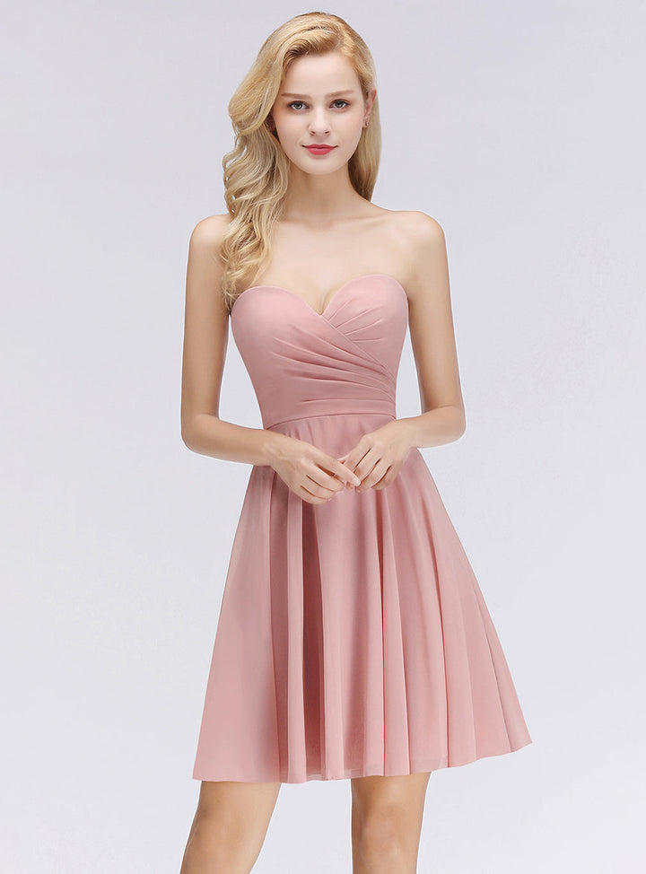 A-line Sweetheart Ruffle Chiffon Short Bridesmaid Dress Pink-koscy