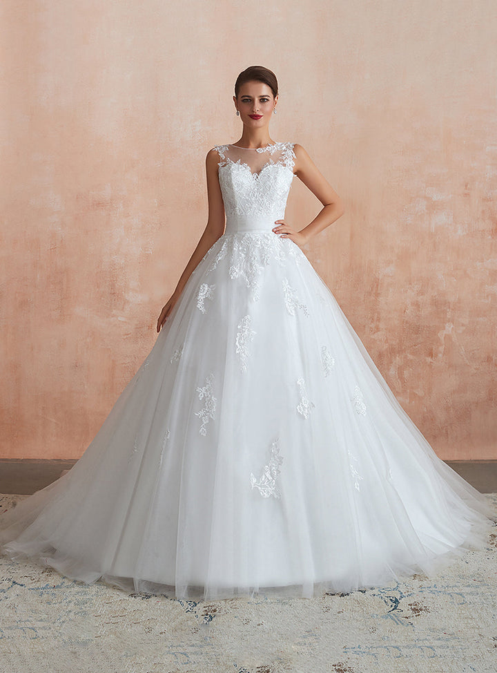 A-line Sweetheart Sleeveless Tulle Cathedral Train Dress-koscy