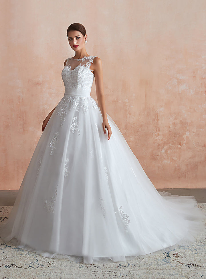 A-line Sweetheart Sleeveless Tulle Cathedral Train Dress-koscy