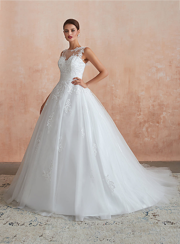 A-line Sweetheart Sleeveless Tulle Cathedral Train Dress-koscy