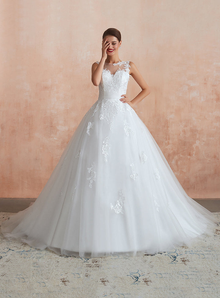 A-line Sweetheart Sleeveless Tulle Cathedral Train Dress-koscy