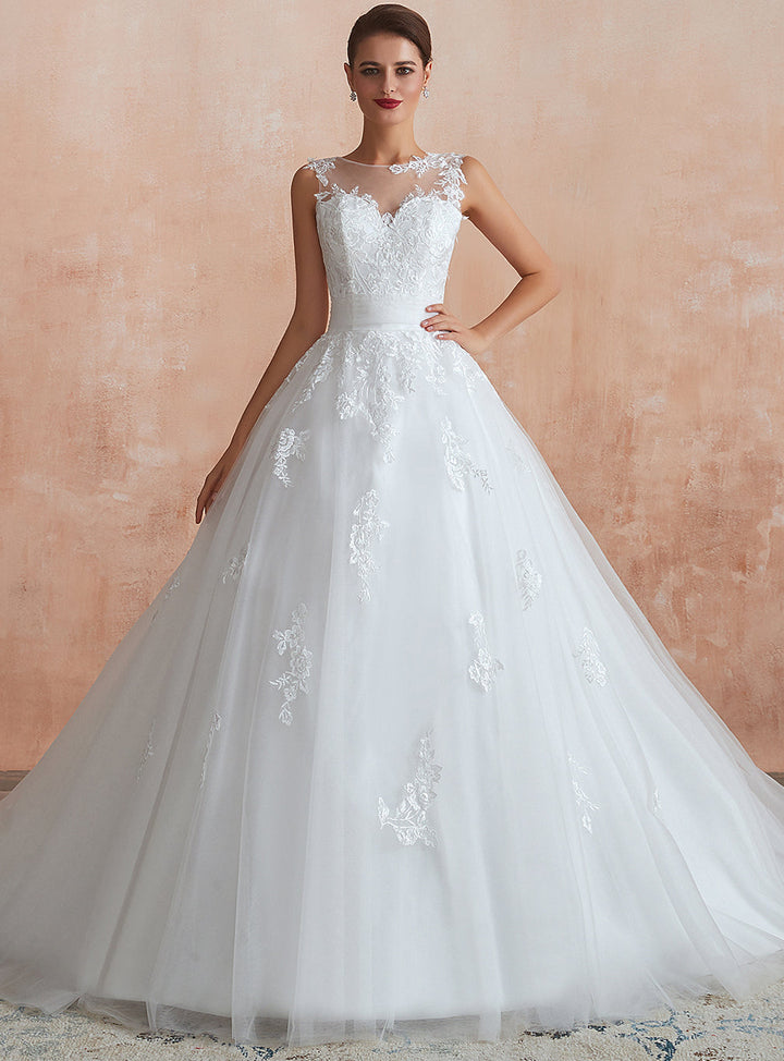 A-line Sweetheart Sleeveless Tulle Cathedral Train Dress-koscy