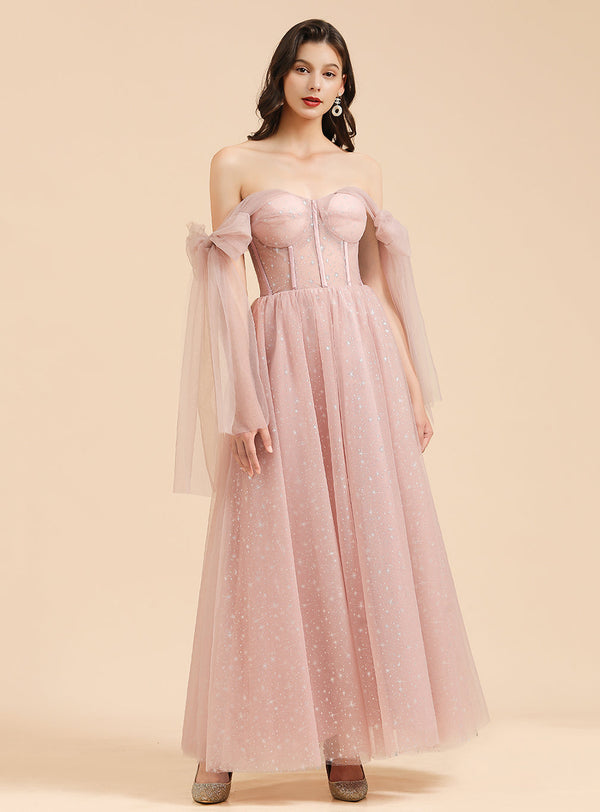 A-Line Sweetheart Sleeveless Tulle Straps Floor-length Dress-koscy