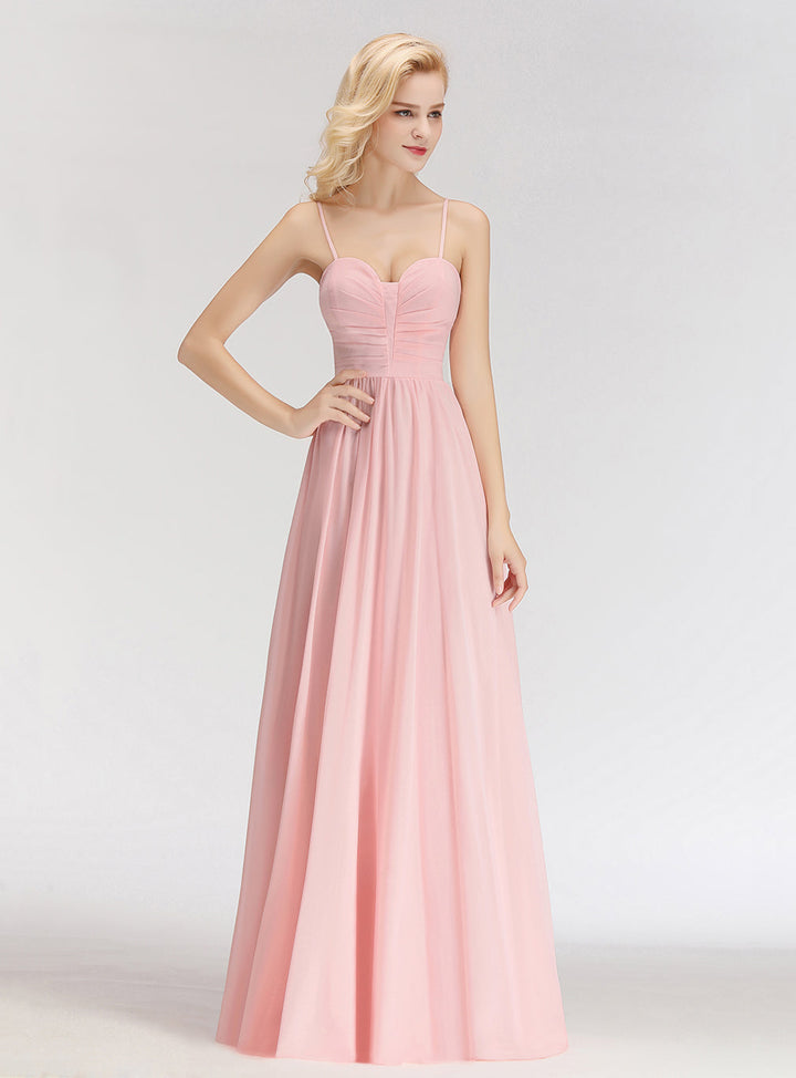 A-line Sweetheart Spaghetti Straps Ruched Chiffon Floor-Length Dress Pink-koscy