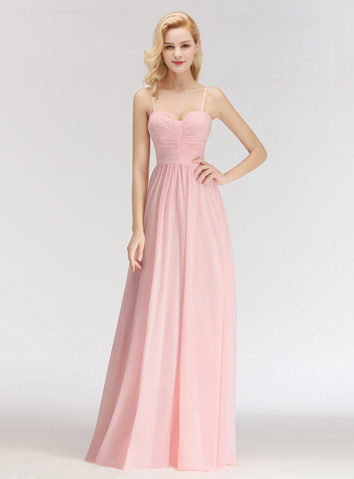 A-line Sweetheart Spaghetti Straps Ruched Chiffon Floor-Length Dress Pink-koscy