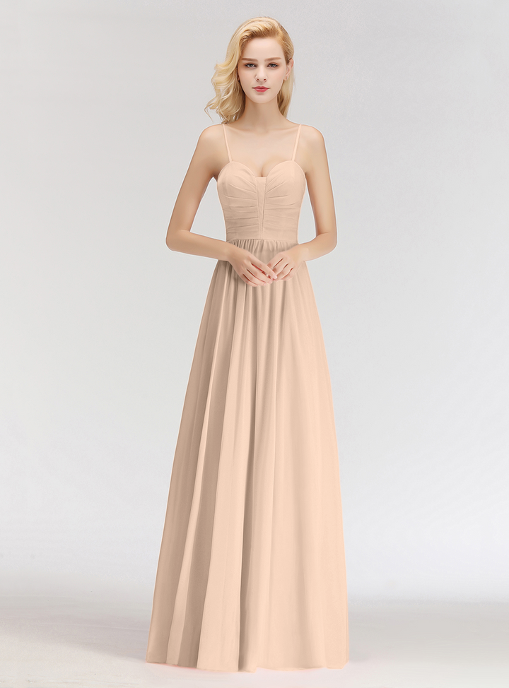 A-line Sweetheart Spaghetti Straps Ruched Chiffon Floor-Length Dress Pink-koscy