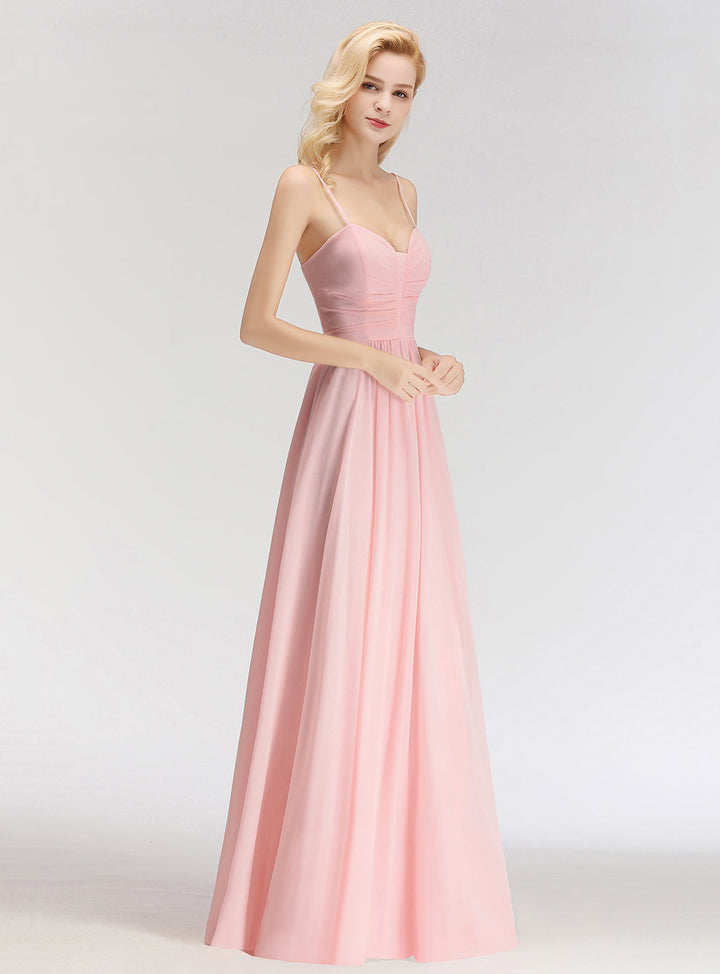 A-line Sweetheart Spaghetti Straps Ruched Chiffon Floor-Length Dress Pink-koscy