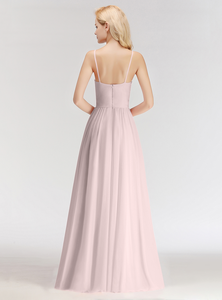 A-line Sweetheart Spaghetti Straps Ruched Chiffon Floor-Length Dress Pink-koscy