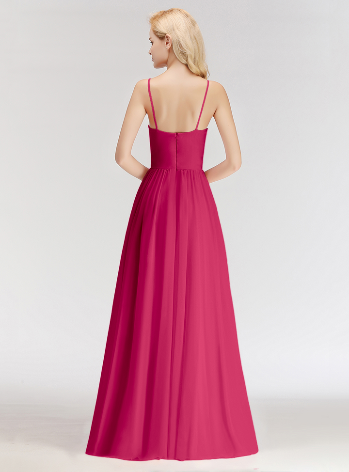 A-line Sweetheart Spaghetti Straps Ruched Chiffon Floor-Length Dress Pink-koscy