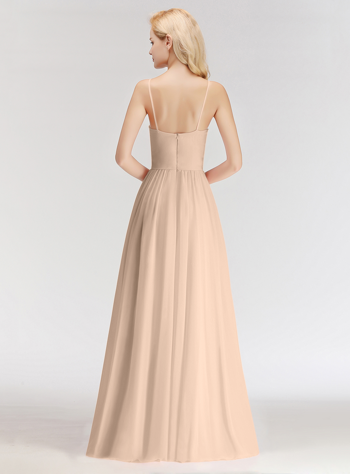 A-line Sweetheart Spaghetti Straps Ruched Chiffon Floor-Length Dress Pink-koscy