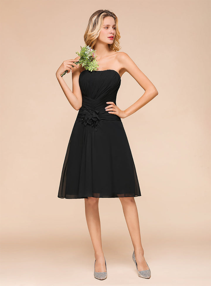 A-line Sweetheart Strapless Chiffon Knee-Length Dress Black-koscy