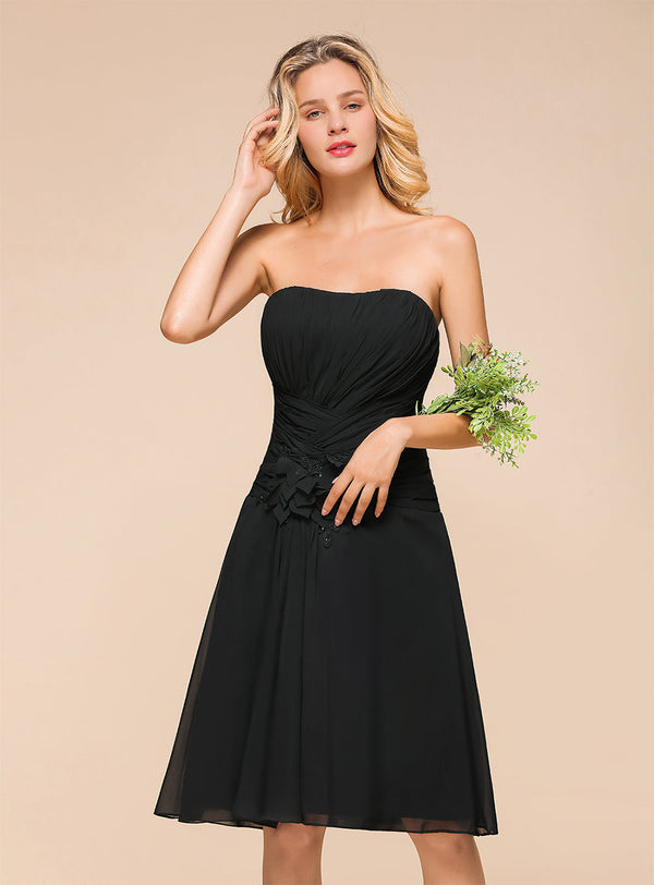 A-line Sweetheart Strapless Chiffon Knee-Length Dress Black-koscy