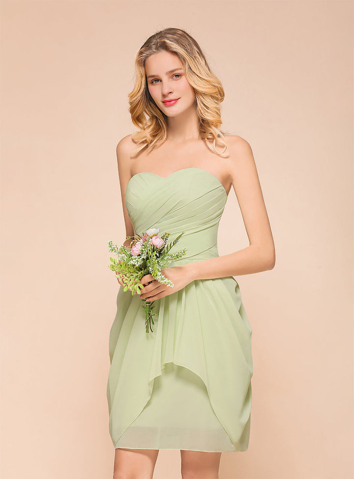 A-line Sweetheart Strapless Ruched Satin Knee-Length Dress Sage-koscy