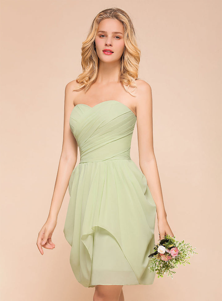 A-line Sweetheart Strapless Ruched Satin Knee-Length Dress Sage-koscy