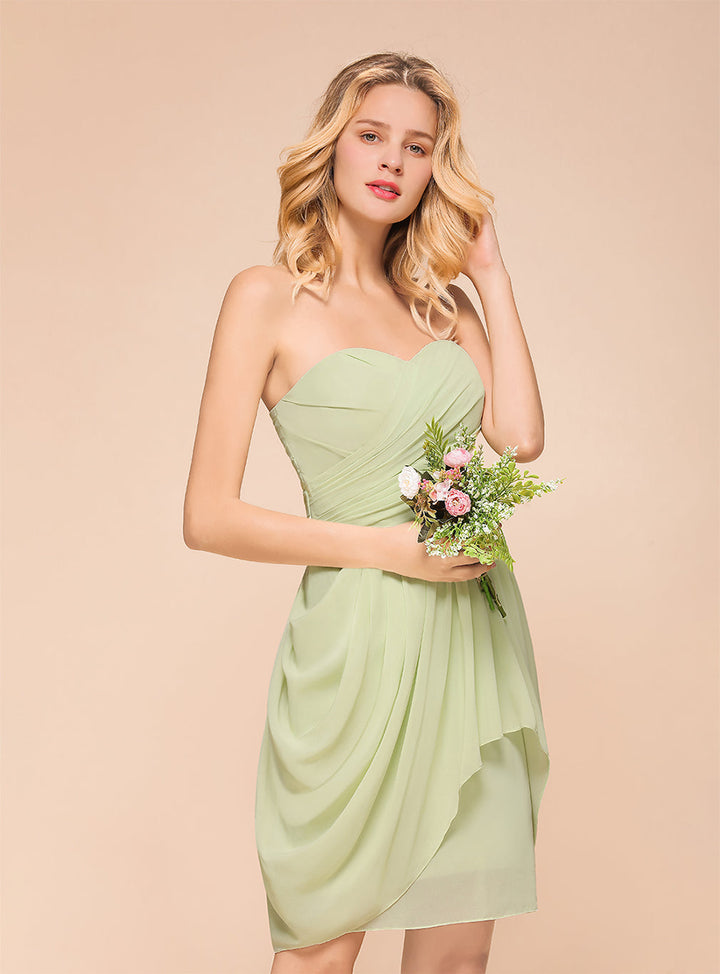 A-line Sweetheart Strapless Ruched Satin Knee-Length Dress Sage-koscy