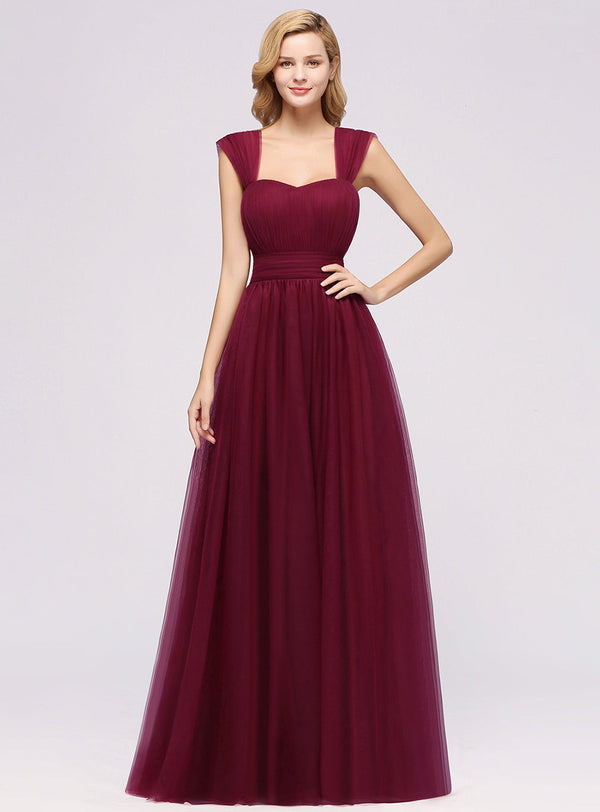 A-line Sweetheart Straps Ruffle Tulle Floor-Length Dress Burgundy-koscy