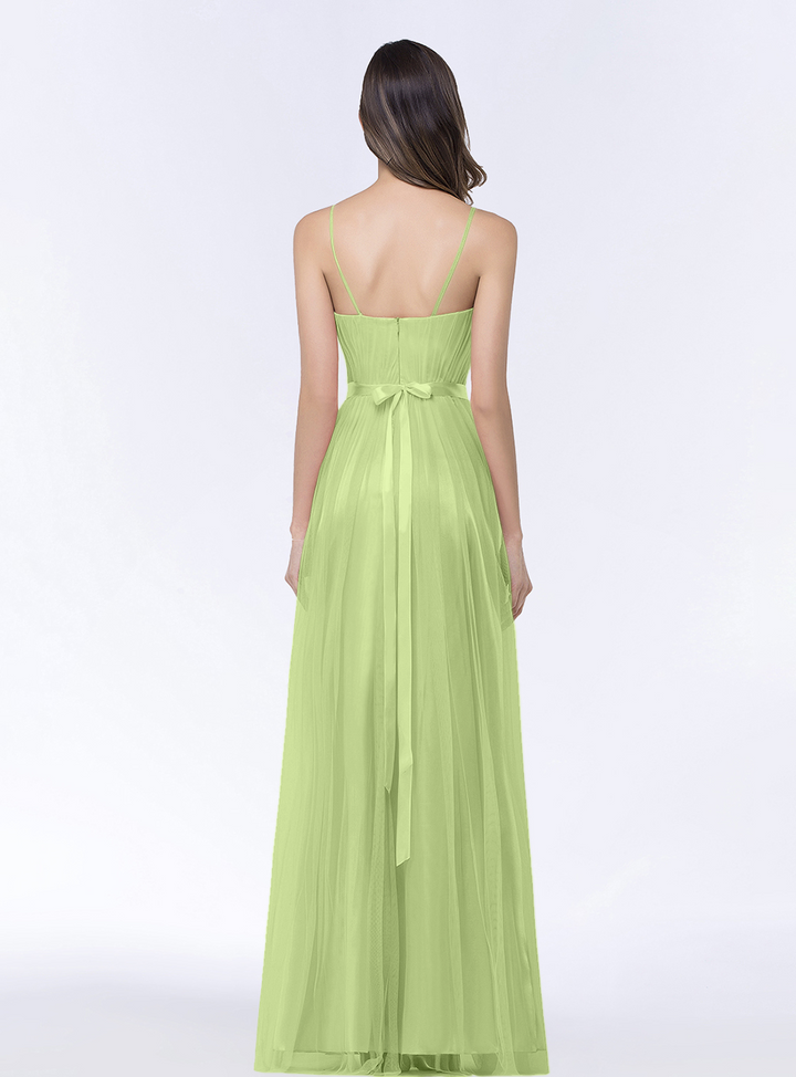 A-line Sweetheart Tulle Chiffon Floor-Length Dress with Spaghetti Straps-koscy