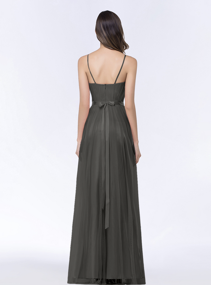 A-line Sweetheart Tulle Chiffon Floor-Length Dress with Spaghetti Straps-koscy