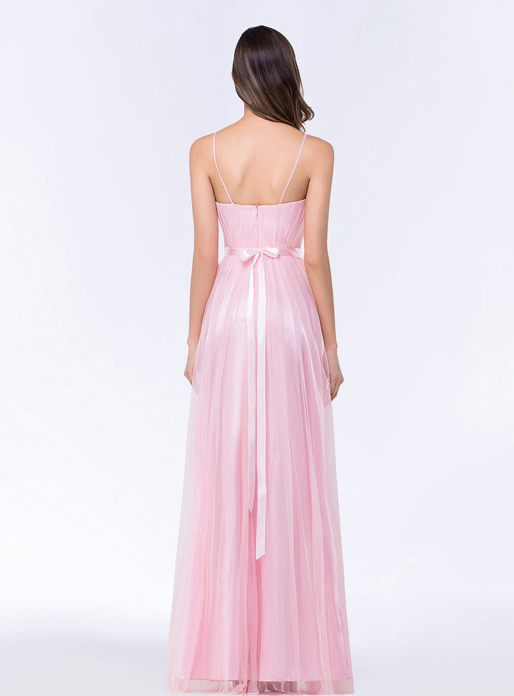 A-line Sweetheart Tulle Chiffon Floor-Length Dress with Spaghetti Straps-koscy