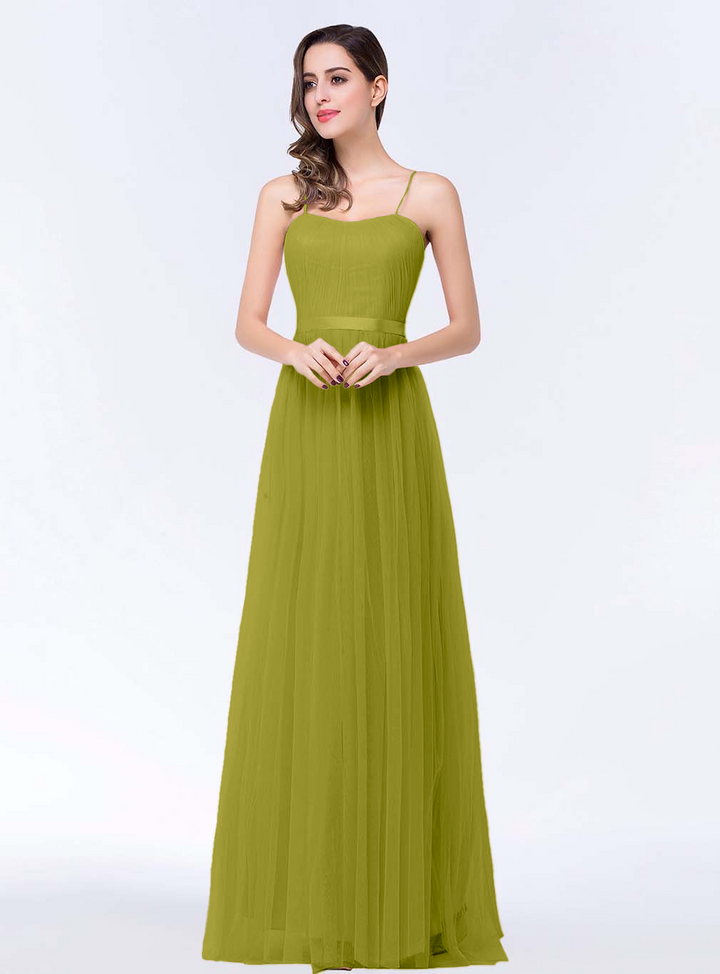 A-line Sweetheart Tulle Chiffon Floor-Length Dress with Spaghetti Straps-koscy