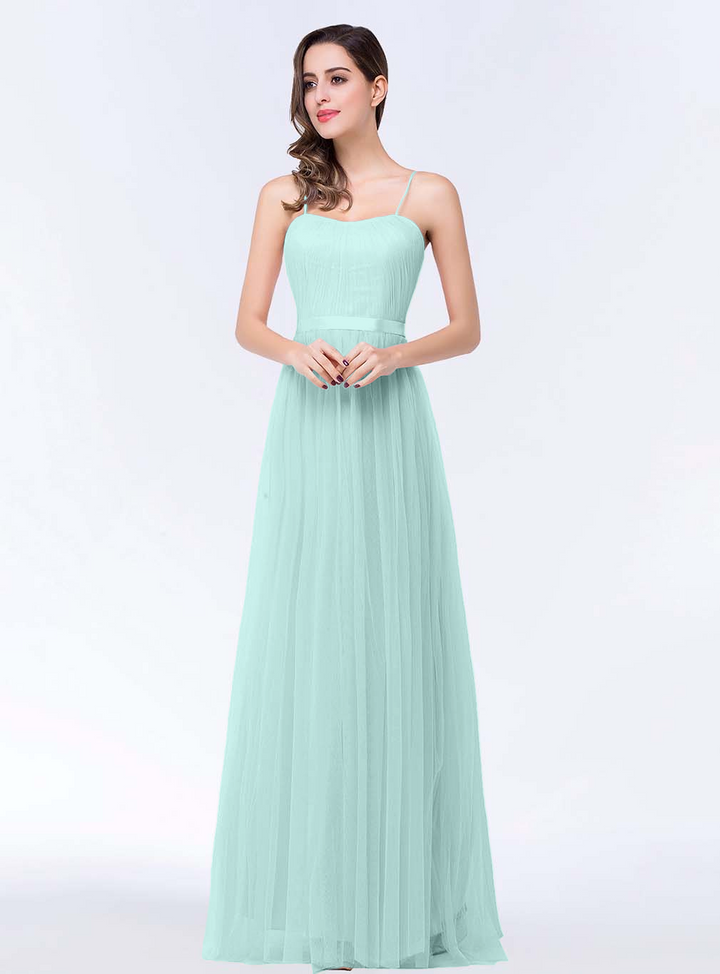 A-line Sweetheart Tulle Chiffon Floor-Length Dress with Spaghetti Straps-koscy