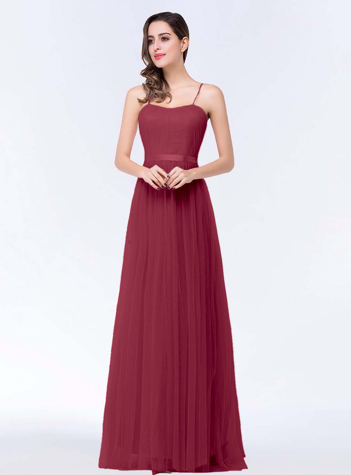 A-line Sweetheart Tulle Chiffon Floor-Length Dress with Spaghetti Straps-koscy