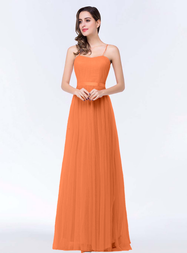 A-line Sweetheart Tulle Chiffon Floor-Length Dress with Spaghetti Straps-koscy