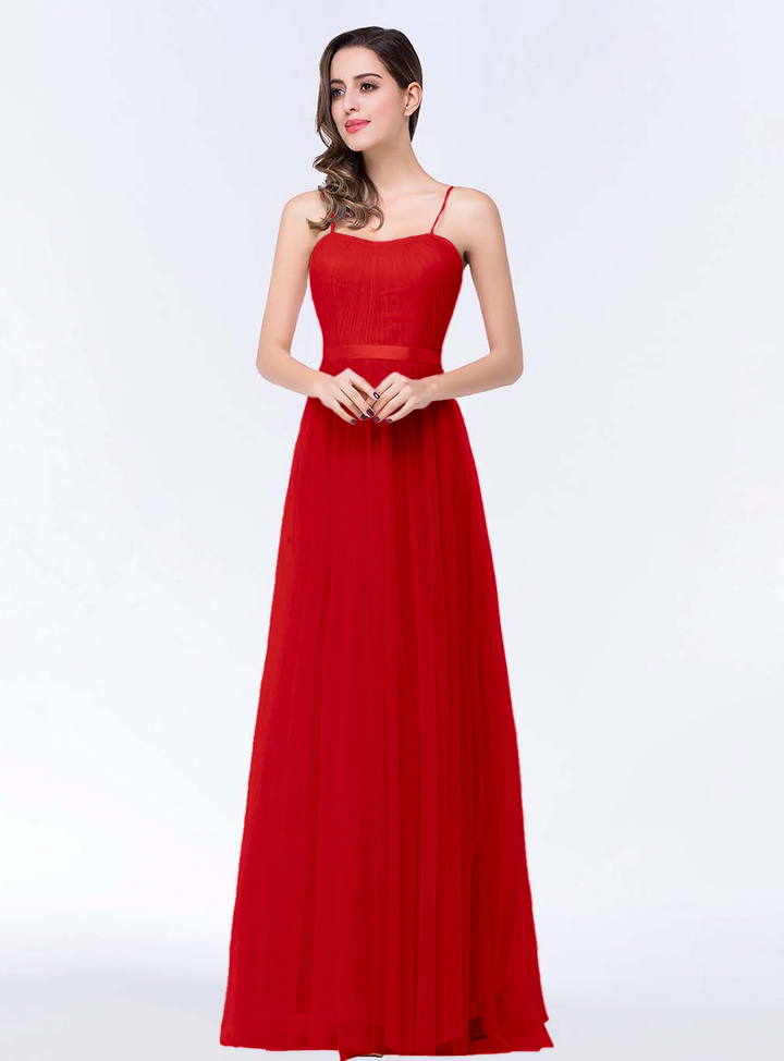 A-line Sweetheart Tulle Chiffon Floor-Length Dress with Spaghetti Straps-koscy