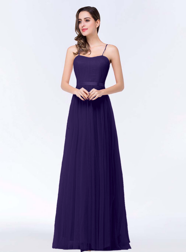 A-line Sweetheart Tulle Chiffon Floor-Length Dress with Spaghetti Straps-koscy