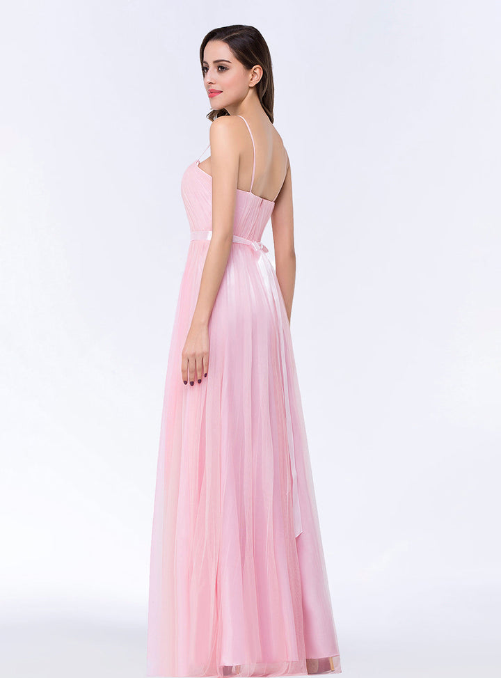 A-line Sweetheart Tulle Chiffon Floor-Length Dress with Spaghetti Straps-koscy