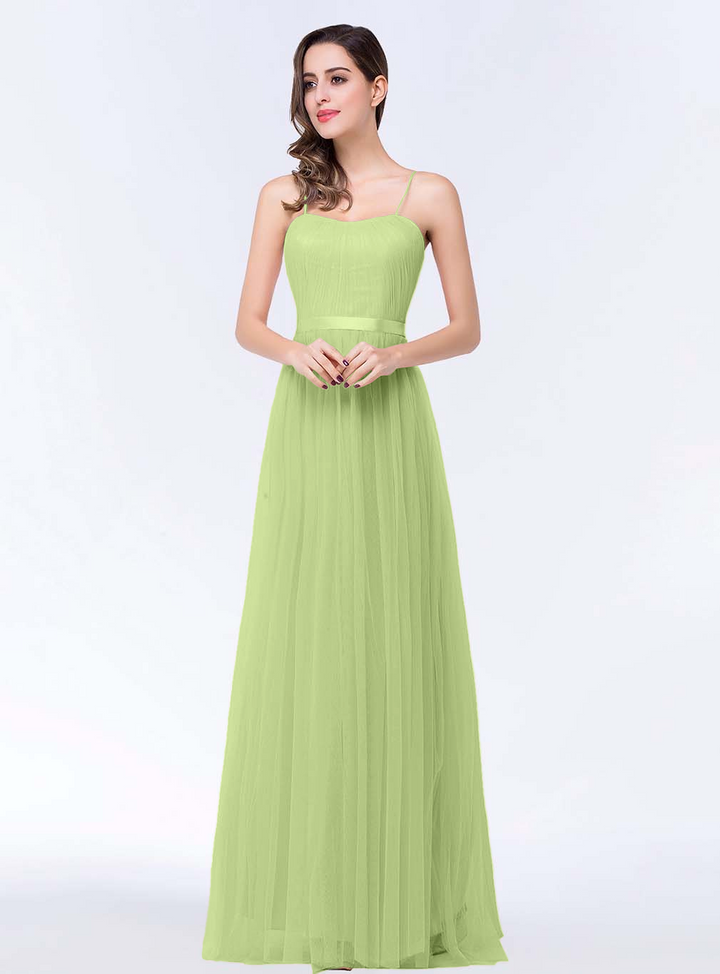 A-line Sweetheart Tulle Chiffon Floor-Length Dress with Spaghetti Straps-koscy