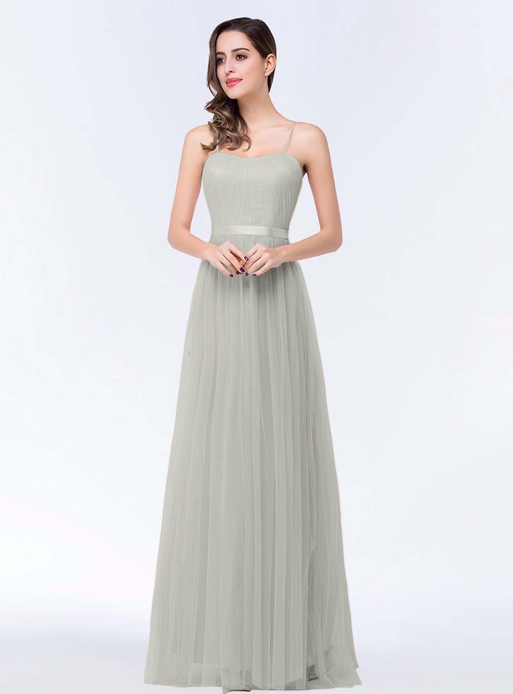 A-line Sweetheart Tulle Chiffon Floor-Length Dress with Spaghetti Straps-koscy