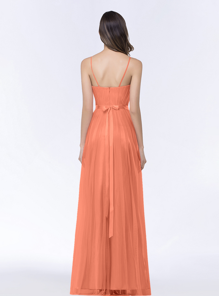 A-line Sweetheart Tulle Chiffon Floor-Length Dress with Spaghetti Straps-koscy